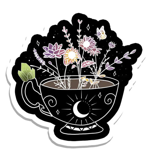 Witchy Tea Cup with Flowers Vinyl Sticker | 2.5"