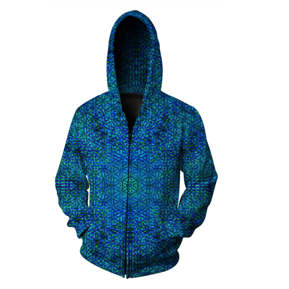 PatternNerd - Blue and Green Fractal Tie Dye Zip Up Hoodie