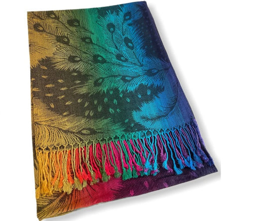 Pashmina- Rainbow Feathers - Dark