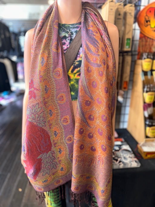 Maroon and Orange Reversable Peacock Pashmina