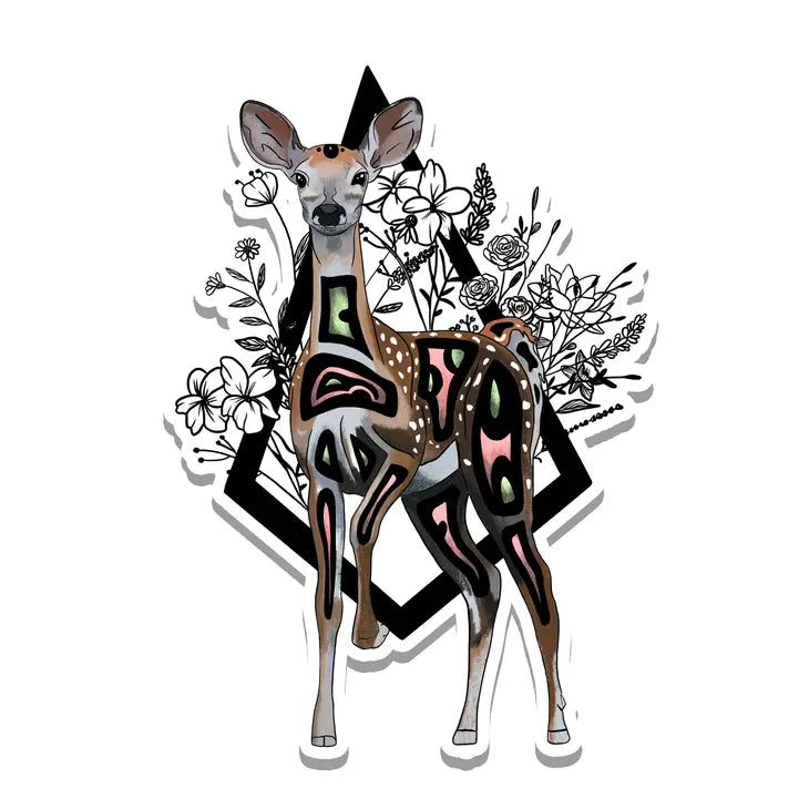 Cottagecore Deer and Flowers Vinyl Sticker | 3.5"