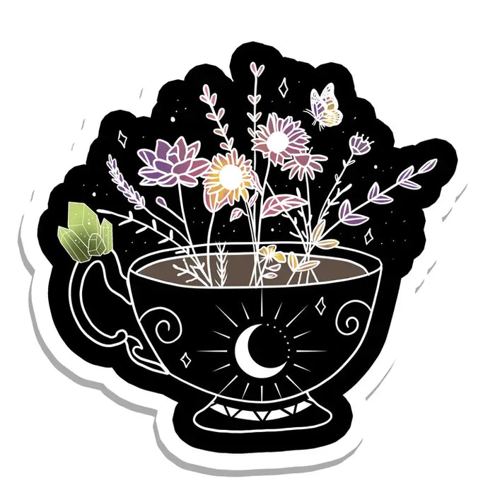 Witchy Tea Cup with Flowers Vinyl Sticker | 2.5"