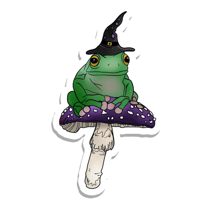 Magical Frog Witch On Purple Mushroom Vinyl Sticker | 3"