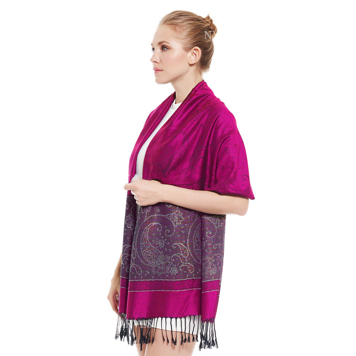 Pashmina- Paisley with Rainbow Metallic Accents - Pink and Black