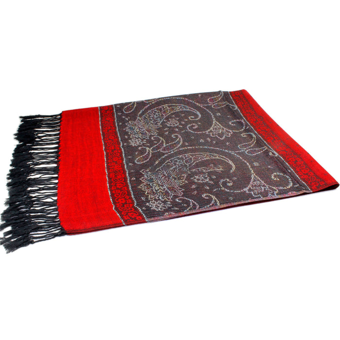 Pashmina- Paisley with Rainbow Metallic Accents - Red and Black