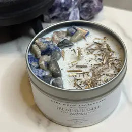The Dark Moon Apothecary - Trust yourself - 8oz tin crystal soy candle w/ Sodalite and Lemon Balm