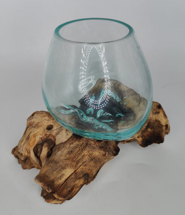 Molten Glass Bowl With Natural Wood - B