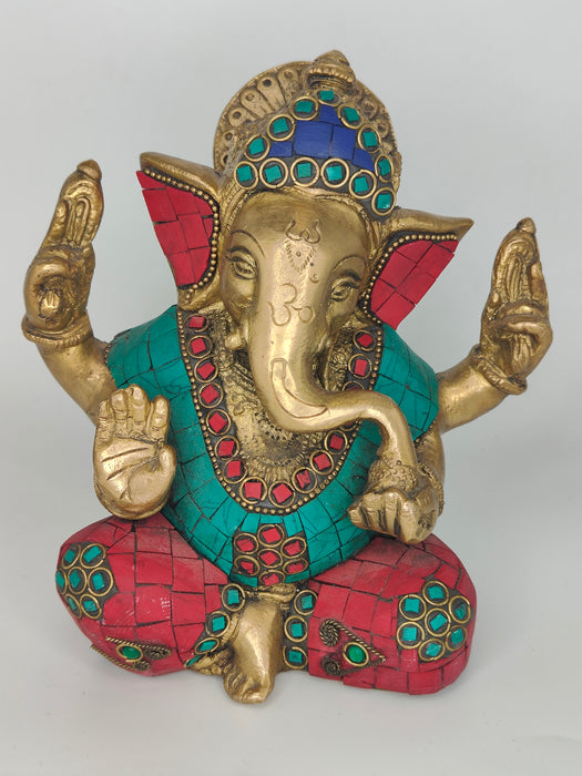 Brass Ganesha Statue- Red, Green and Gold