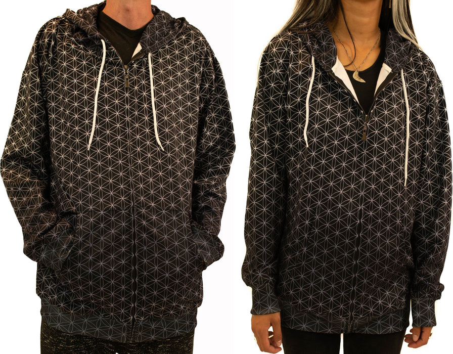 The Headspace - Cameron Gray - Black and Silver Flower of Life Zip Up Hoodie